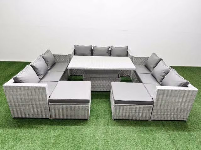 Fimous 6 Piece Rattan Dining Set with Height Adjustable Table and 3 Seater Sofa in Light Grey