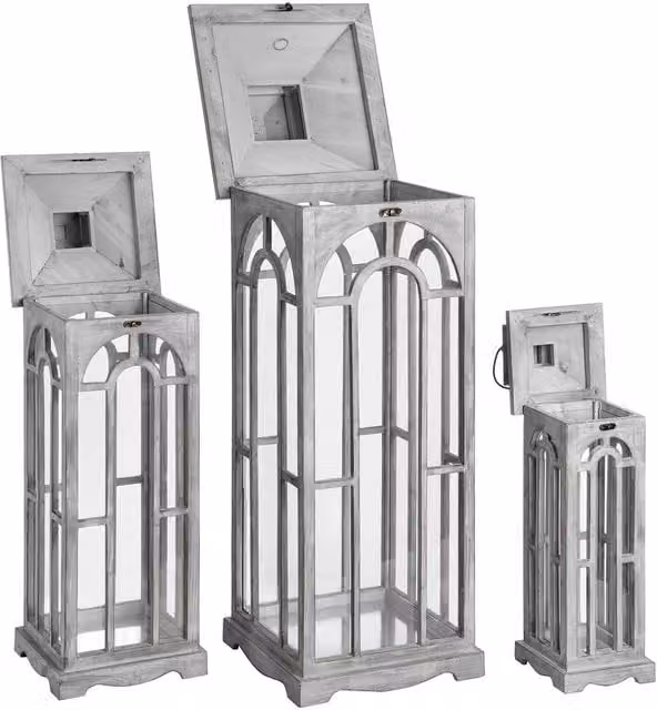 Hill Interiors Archway Design Wooden Candle Lanterns, Set of 3, Grey