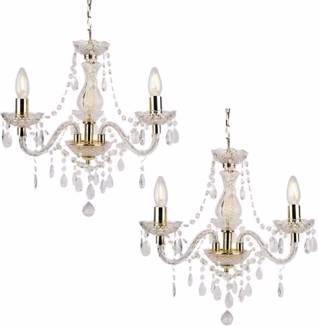 First Choice Lighting Set of 2 Marie Therese Style Chandelier, Gold and Transparent, 3 x E14, Height Adjustable