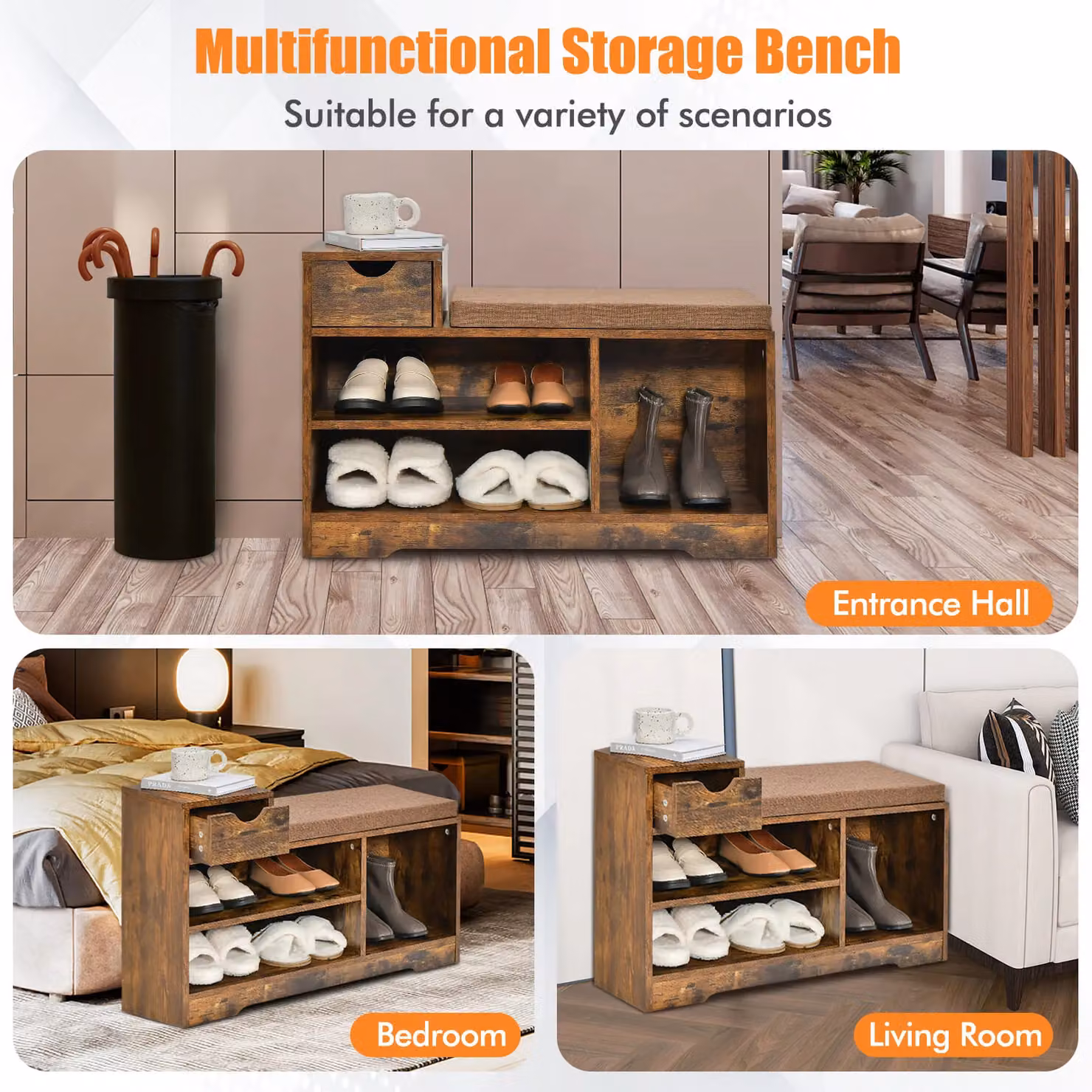 Gymax Brown Rustic Wood Shoe Bench and Entryway Storage Cabinet with Removable Fabric Cushion – 4