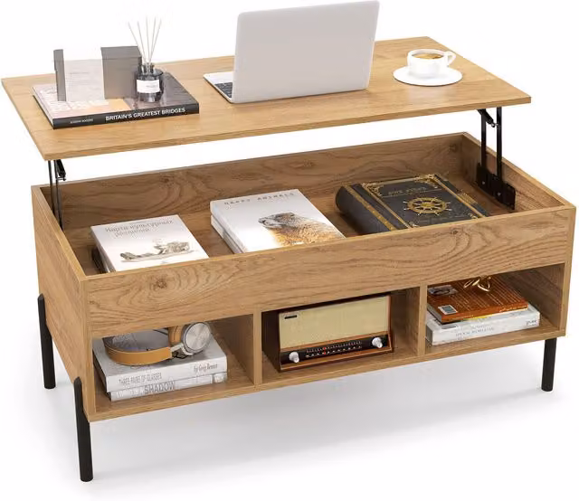 COSTWAY Modern Rectangular Coffee Table with Lifting Tabletop in Brown