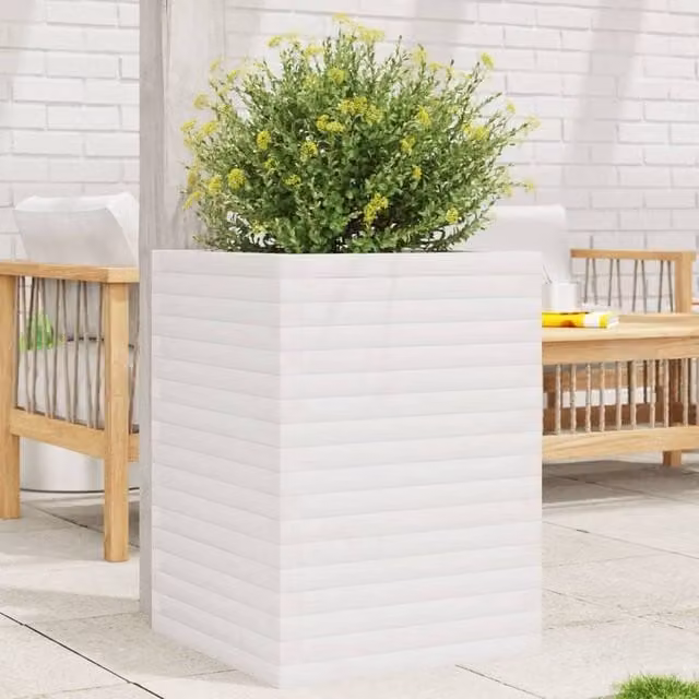 Berkfield Home Beautiful Garden Planter in White, Solid Wood Pine, W/D/H: 50 x 50 x 68.5 cm