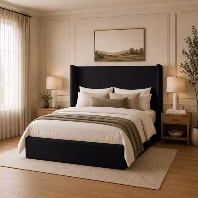 Desire Deco Lynx Wingback Upholstered Bed Frame in Black, W/D/H: 90 x 200 cm