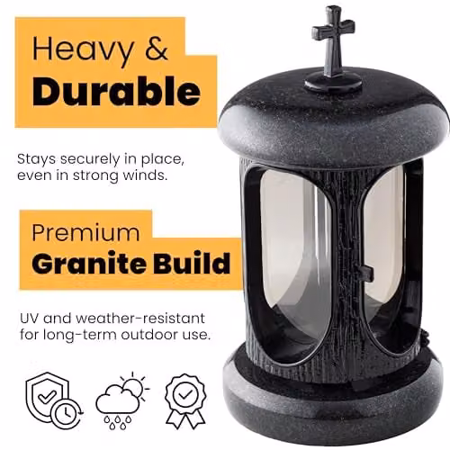 NOVECRAFTO Black Granite Memorial Lantern with Cross, Height: 22 cm – 6