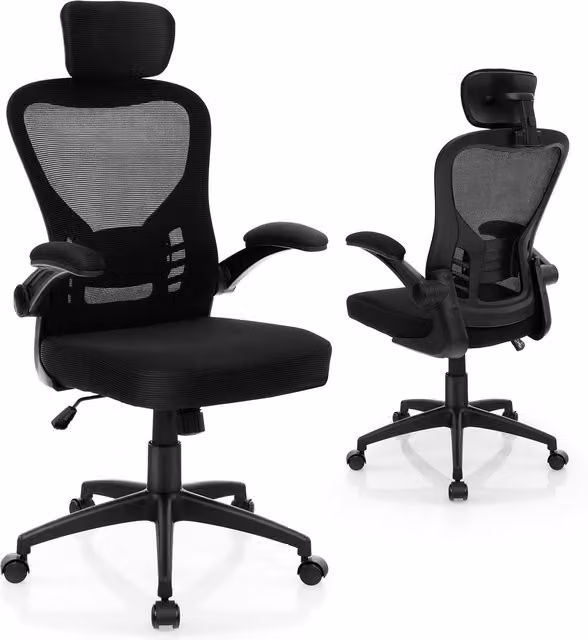Costway Ergonomic Swivel Computer Desk Chair with Headrest and Armrests in Black Fabric