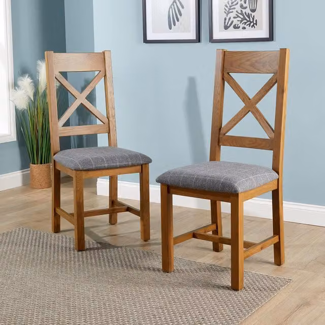 Home Source High Cross Backed Dining Chair with Grey Checked Fabric Seat and Solid Oak Legs