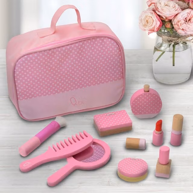 Teamson Wooden Travel Vanity Makeup Kit Pretend Play Set in Pink