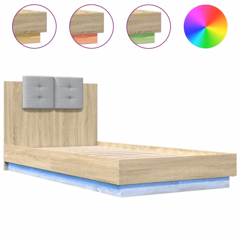 Berkfield Home Sonoma Oak Small Single Bed Frame with LED Under-Bed Lighting and USB Charging Port in Brown, W/D/H: 75 x 190 cm – 2