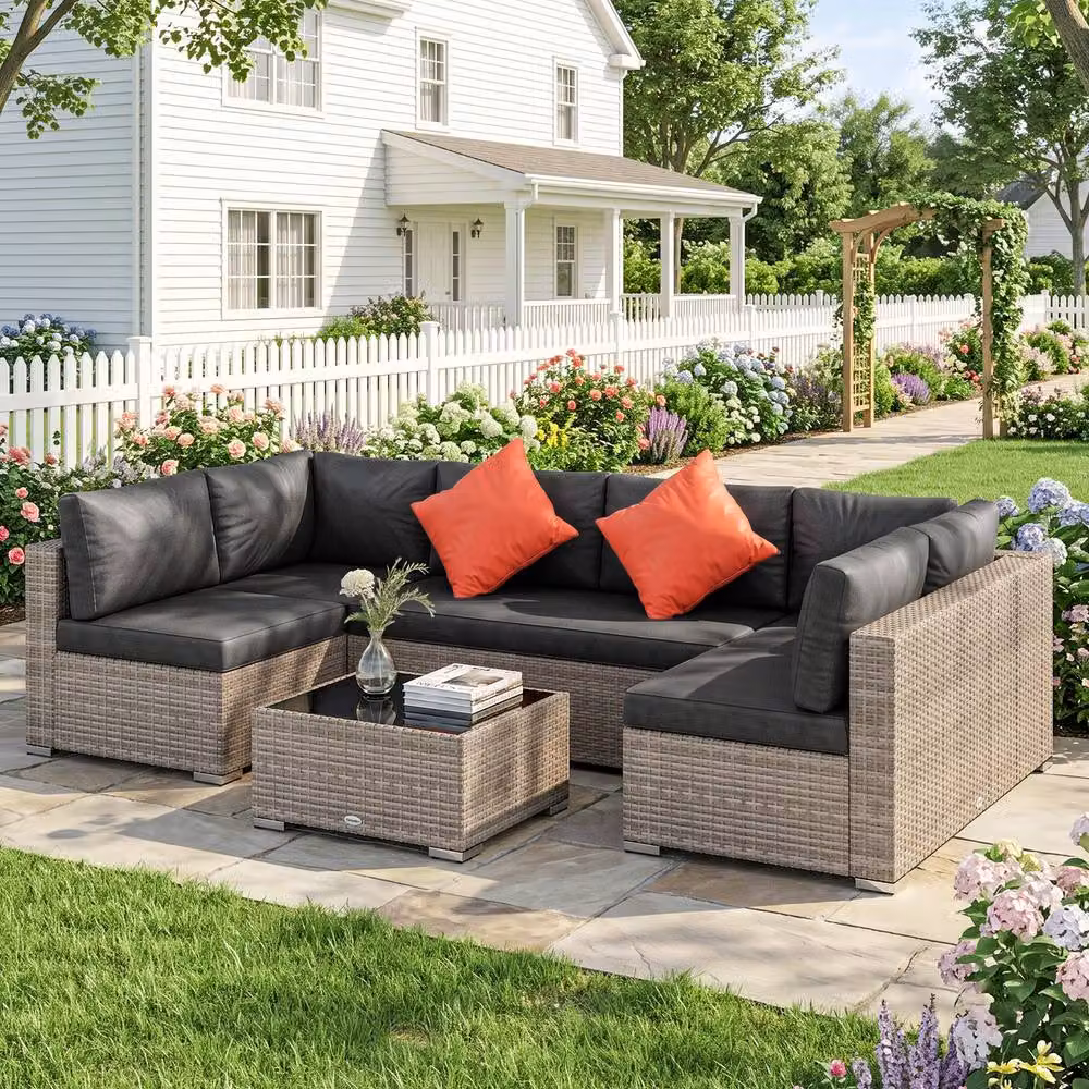 OUTSUNNY 4 Piece Grey Rattan Wicker Patio Sofa Set with Glass Table – 2