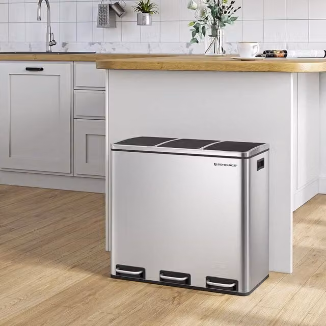 SONGMICS Triple Kitchen Recycling Bin with 3 Compartments, Soft-Close Steel Flip Lid and Removable Inner Buckets, Silver