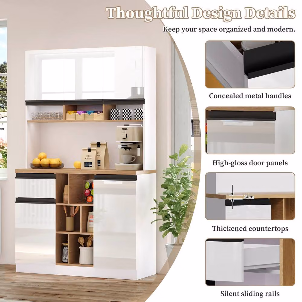 Merax Modern High Gloss White Kitchen Storage Cabinet with Hinged Doors and Shelving – 2