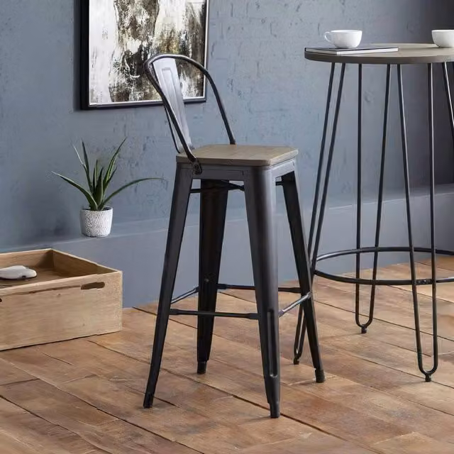 netfurniture Camden Industrial Metal and Wood Bar Stools, Set of 2, Black Matt