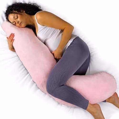Aamira L Shaped Memory Foam Pregnancy Pillow in Pink and Grey Velvet