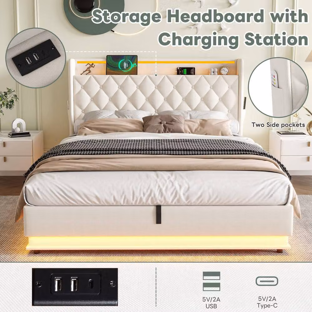 BTM Linen Ottoman Bed in Beige with Hydraulic Storage, LED Headboard and USB Ports, Double Size 140 x 200 cm – 3