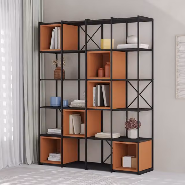 Decortie Vale Maxi Modern 5-Tier Bookcase with Adjustable Shelves in Black and Orange Wood