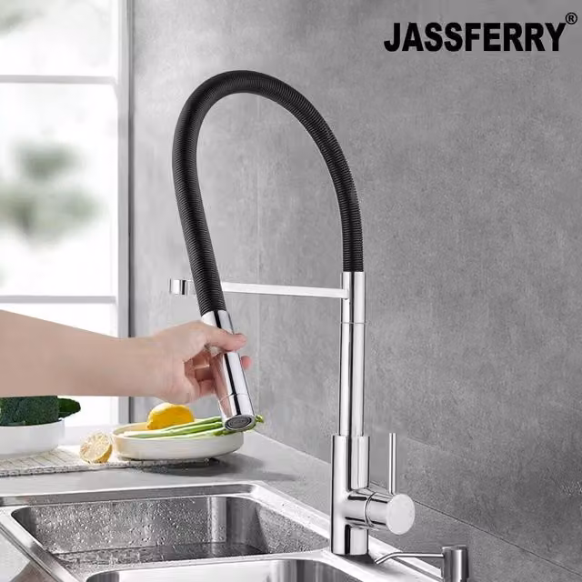 JASSFERRY High Arc Pull Out Spout Kitchen Mixer Tap in Silver Chrome – 1