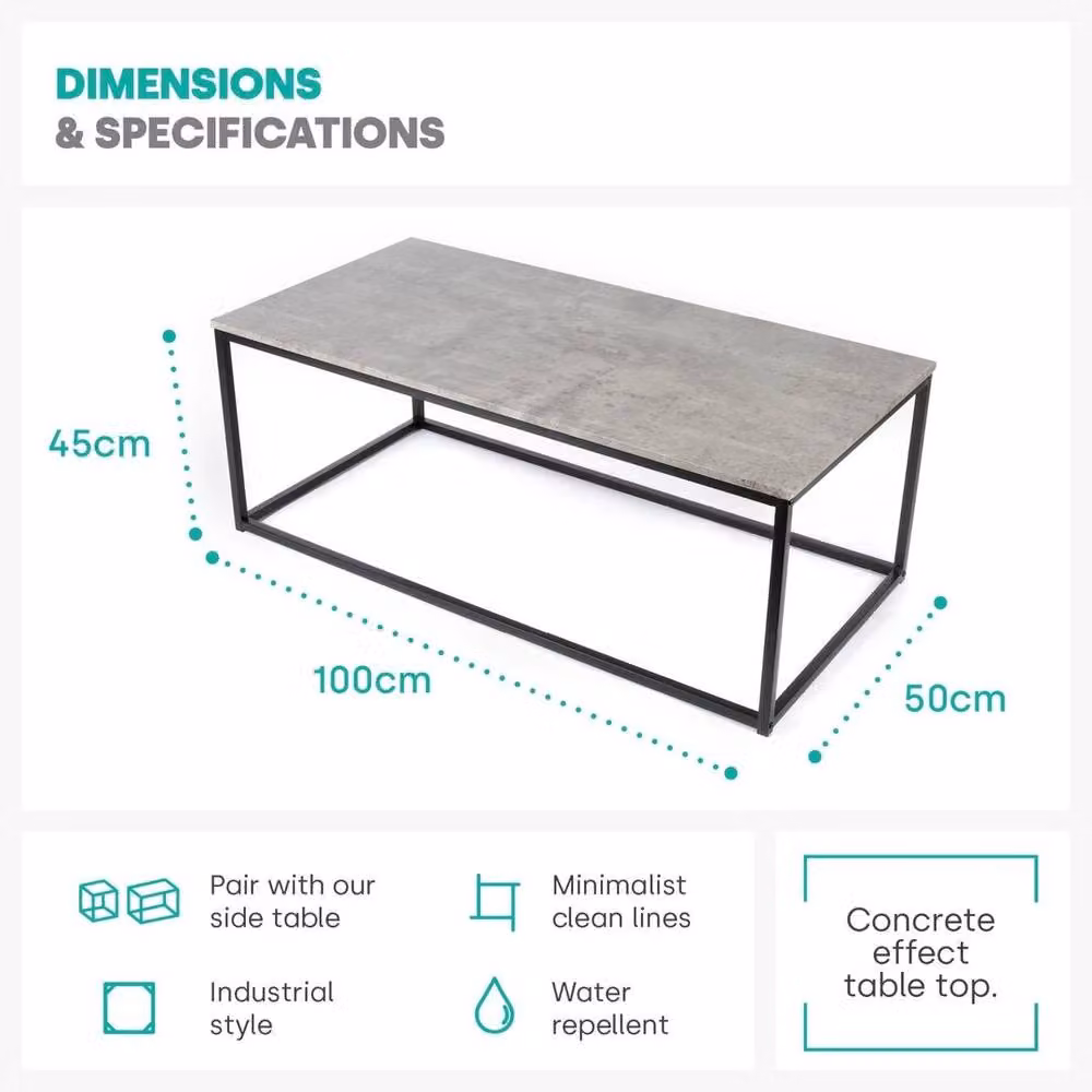 KORVIXA Industrial Concrete Effect Square Coffee Table with Metal Frame, Grey, W: 100 cm x D: 100 cm – 2