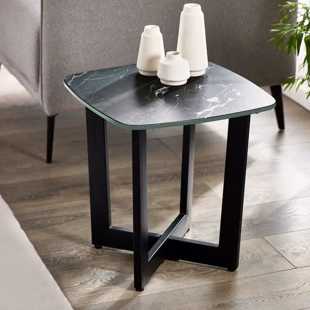 Julian Bowen Olympus Lamp Table in Black and White Marble Effect with X-Frame Metal Base