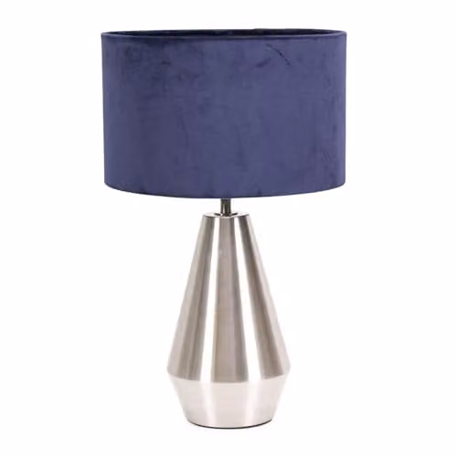 ValueLights Silver Chrome Metal Touch Dimmer Table Lamp with Blue Fabric Cylinder Shade and LED Bulb
