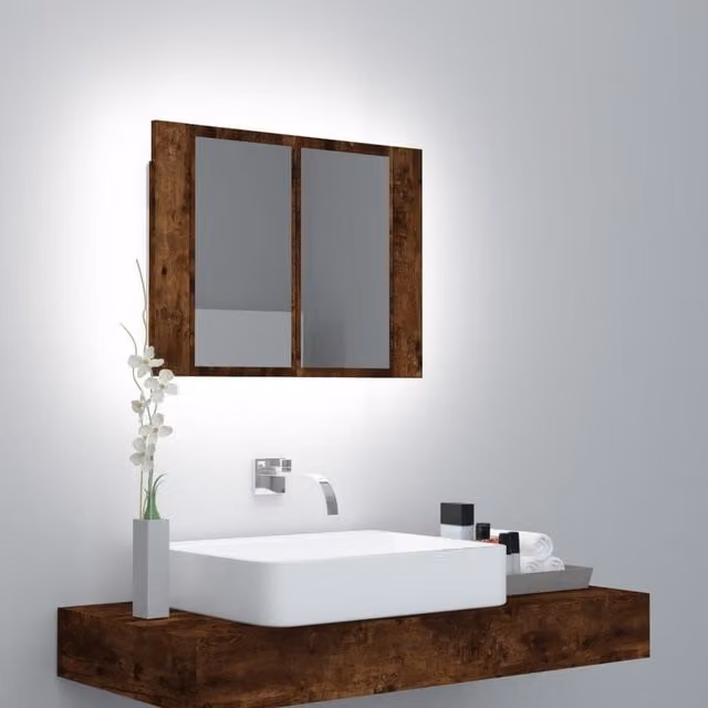 Berkfield Home LED Mirror Cabinet in Smoked Oak Brown, W/D/H: 60 x 12 x 45 cm