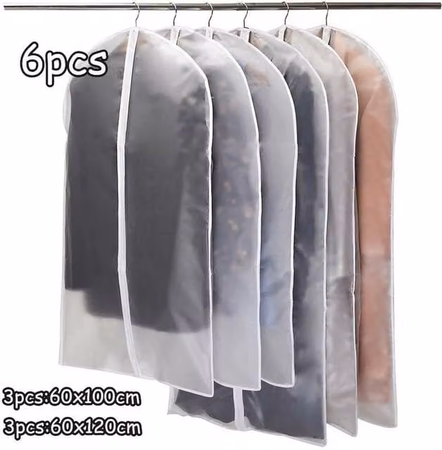 NESTLUNE 6-Piece Waterproof Plastic Dust Cover Garment Bags for Suits and Coats, White