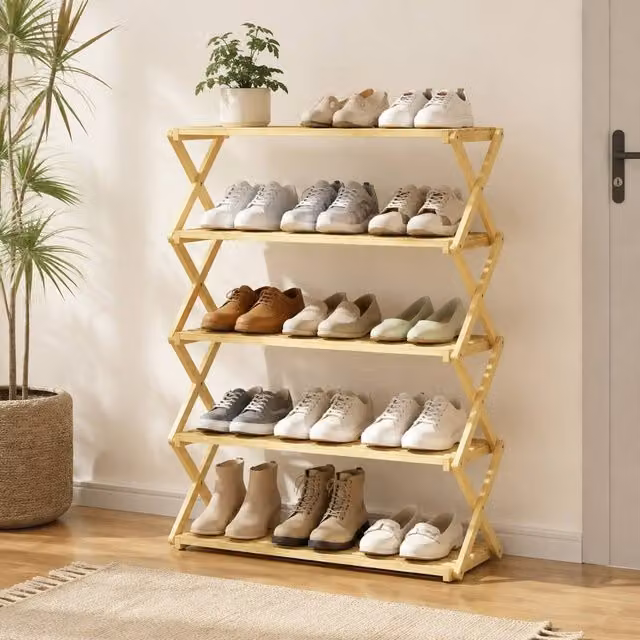 STILVORA Five-Tier Folding Bamboo Shoe Rack in Sand