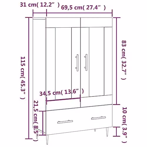 vidaXL Modern Grey Sonoma Highboard in MDF, W/D/H: 69.5 x 31 x 115 cm – 3