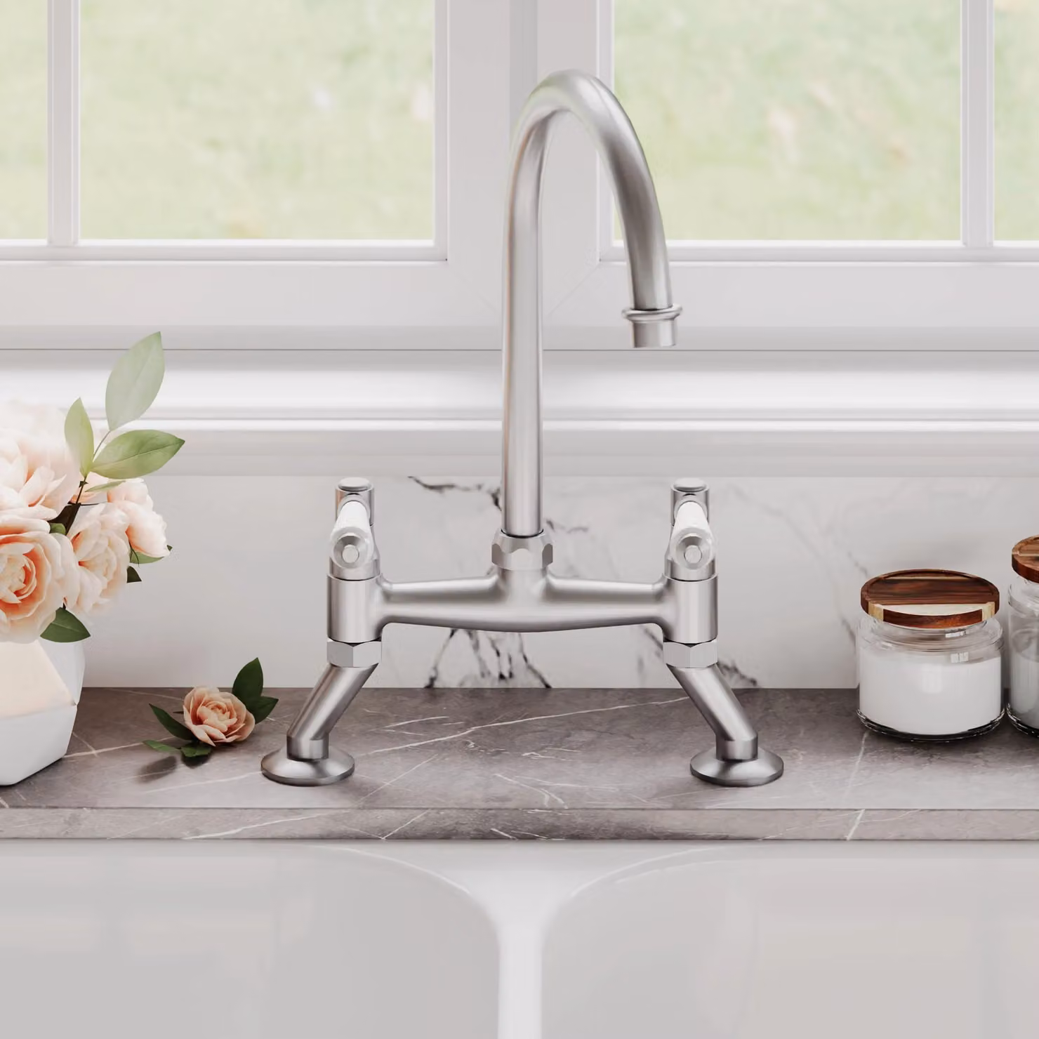 Balterley Traditional Kitchen Bridge Sink Mixer Tap in Brushed Nickel with White Levers – 2