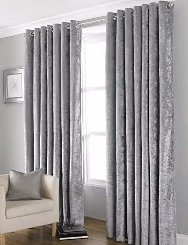 HomeSpace Direct Euphoria Grey Crushed Velvet Blackout Eyelet Thermal Insulating Curtains, W: 168 cm, H: 183 cm