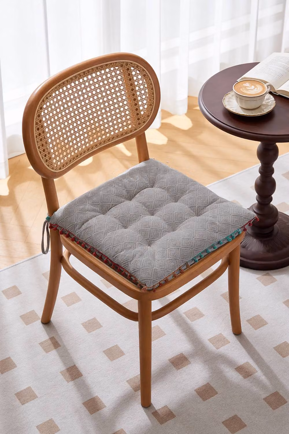 Living and Home Bohemian Style Tufted Square Chair Cushion with Tassels in Grey, W/D/H: 40 x 40 x 40 cm – 3
