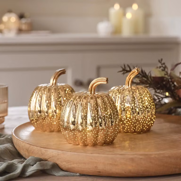 TruGlow Set of 3 Mottled Brass Pumpkin Tabletop Decorations in Gold