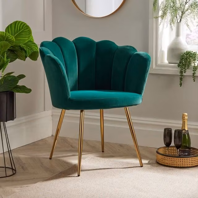 Home Source Emerald Green Boucle Fabric Scallop Shell Wing Back Armchair with Gold Legs