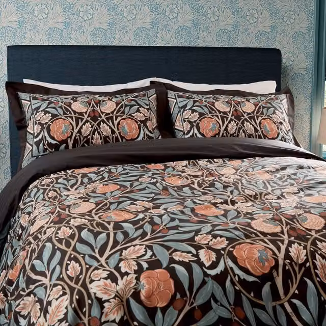 Morris & Co Floral Cotton Percale Duvet Cover and Pillowcase Set, Blue, Pink and Multicolour, W: 180 cm, H: 200 cm