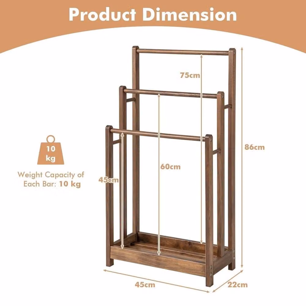 PAWNORA 3-Tier Free-Standing Wooden Towel Rack with 3 Bars in Brown – 2