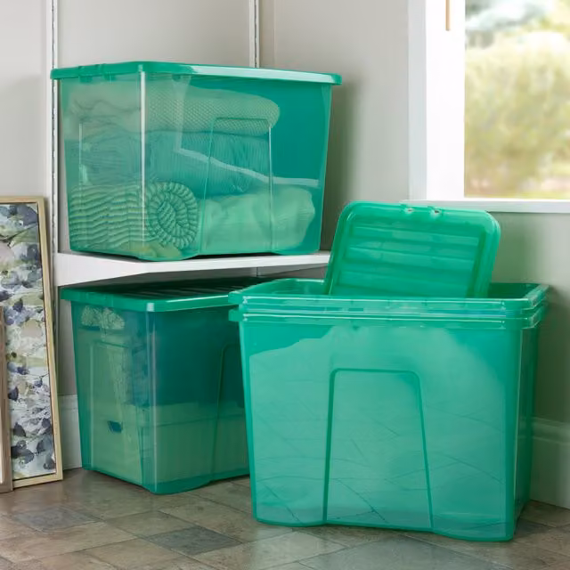 Wham Crystal 4x 80L Plastic Storage Boxes with Lids, Green and Transparent