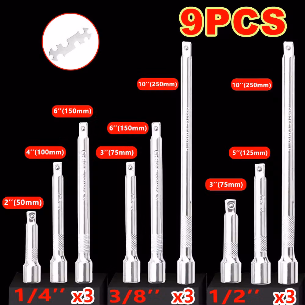 Hinsinc 9-Piece Chrome Vanadium Socket Extension Bar Set in Silver with 1/4", 3/8" and 1/2" Drives – 2