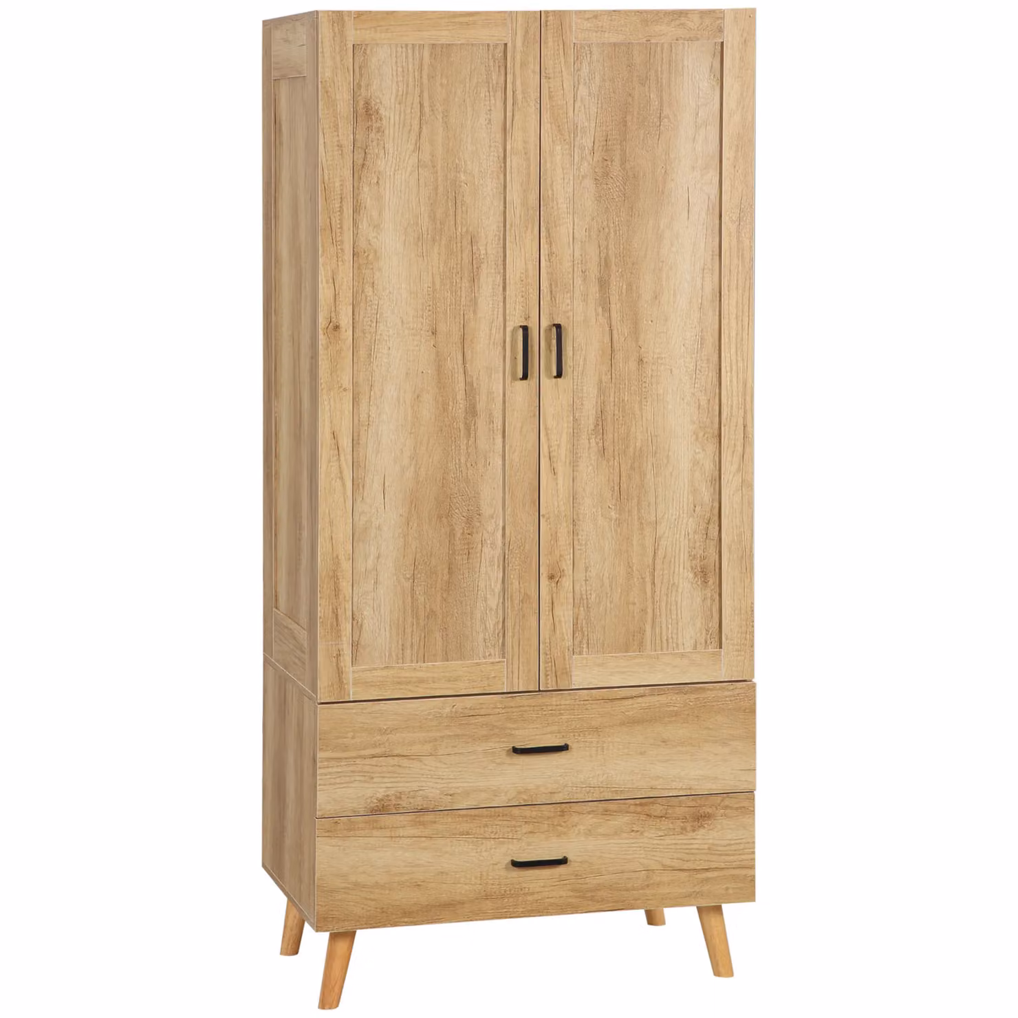 HOMCOM Modern 2 Door Wardrobe with 2 Internal Drawers and Hanging Rail, Brown, H 180 x W 80 x D 52 cm – 2