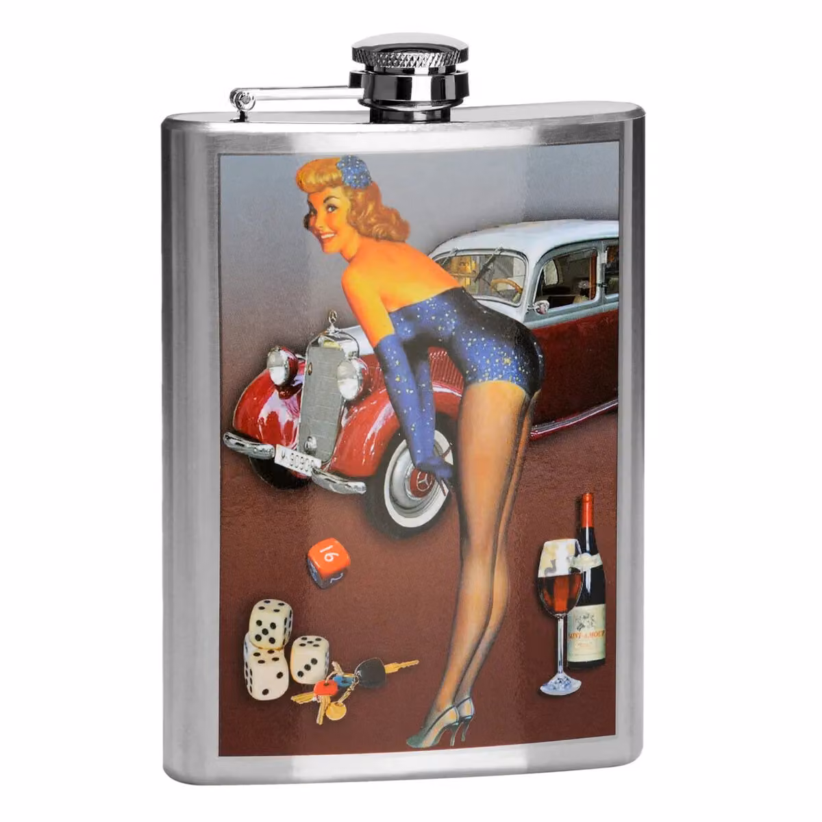 Orsina Vintage-Inspired Stainless Steel Hip Flask with Classic Pin-Up Print in Silver and Multicolour, 8oz – 3