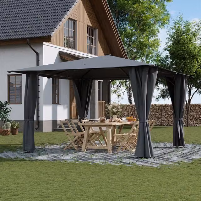 Livingandhome Modern Solar LED Metal Garden Gazebo with Polyester Curtains in Grey