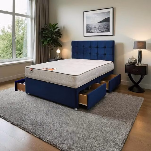 Knight Sleep Cubed Plush Bed Set with Mattress and 24 inch Headboard, Blue, W/D/H: 120 x 200 cm