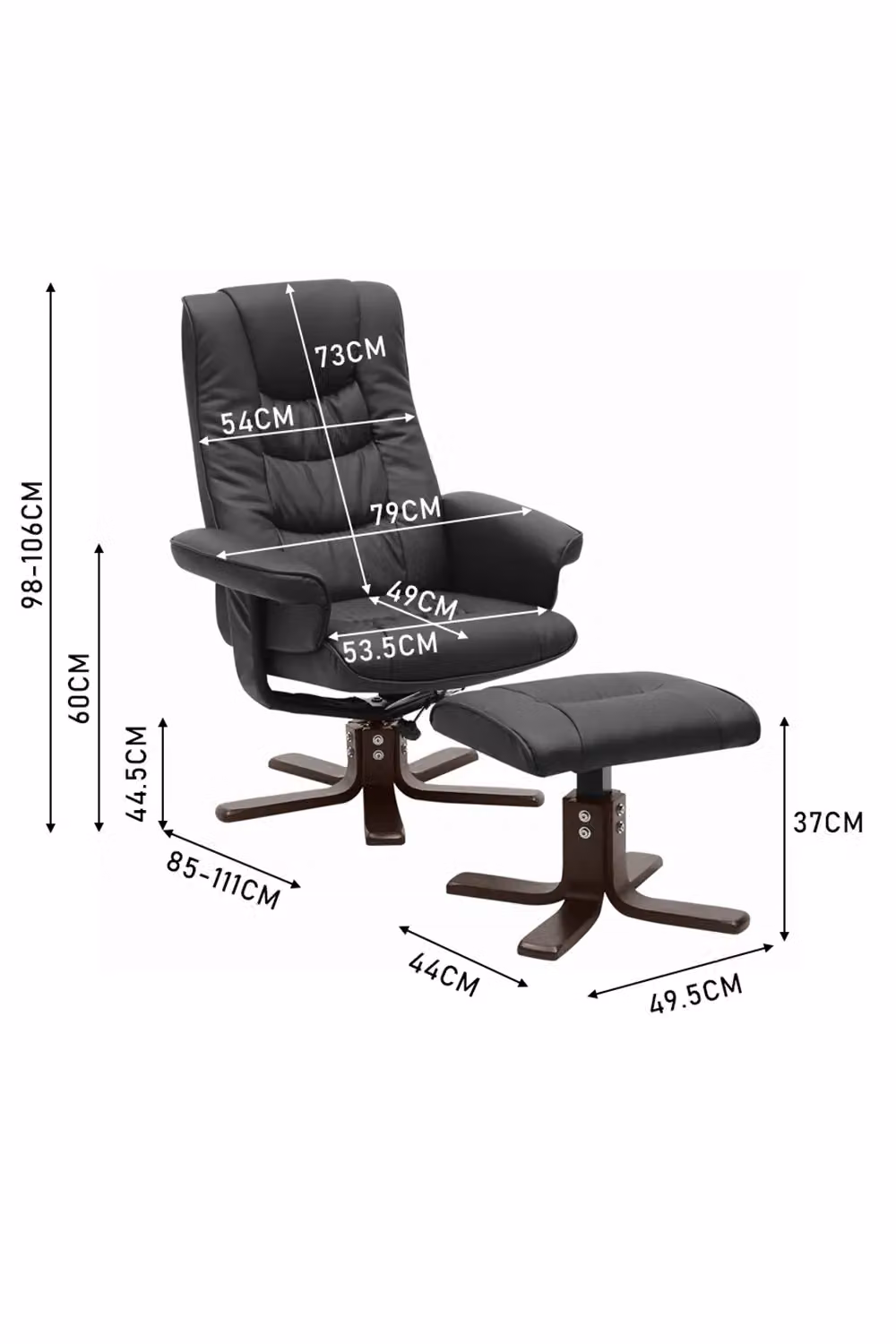 H&O Direct Luxury Black Synthetic Leather Swivel Recliner Set with Footstool – 2