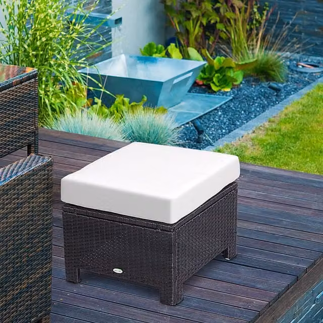 Outsunny Black Polyrattan Wicker Ottoman Footstool with Padded Seat Cushion