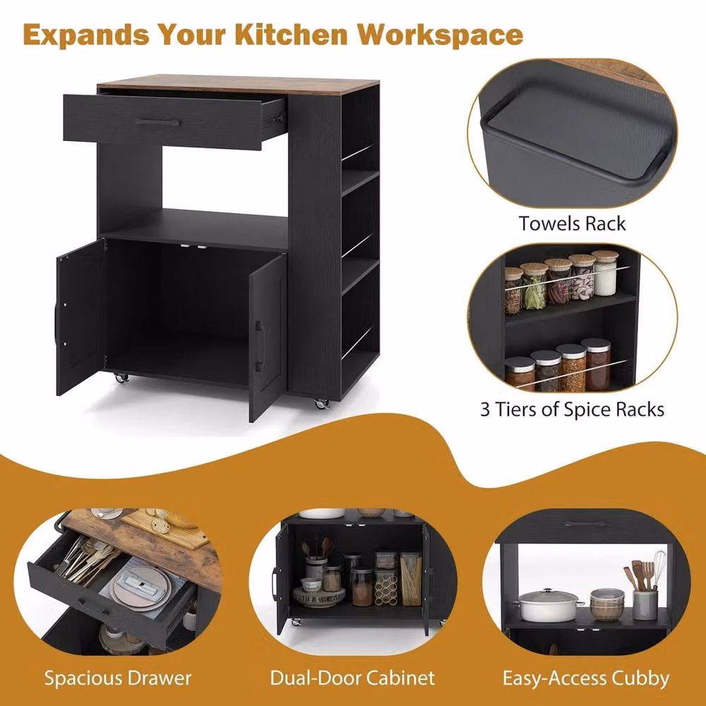 SPETLEK Black Rolling Kitchen Island with Large Drawer and Matt MDF Finish – 4