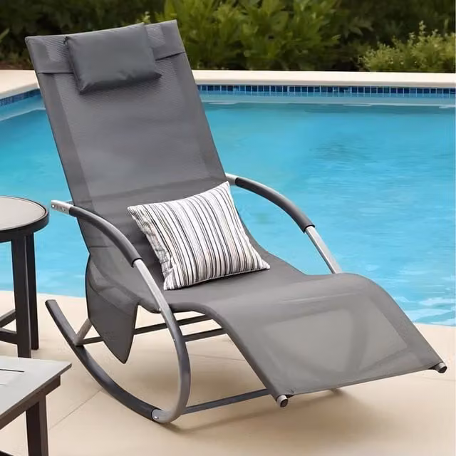 Gr8 Garden Grey Sun Lounger Rocking Chair with Adjustable Headrest and Textilene Fabric – 1