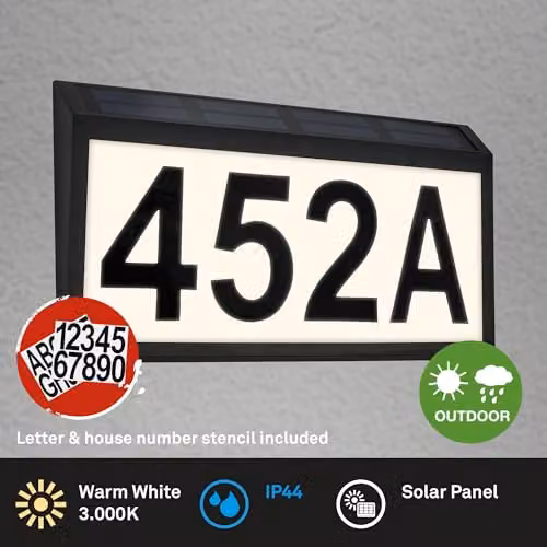 Briloner Solar House Number Outdoor LED Light with Dusk Sensor, IP44, Warm White, Black, W: 28 cm, H: 18 cm, D: 3.5 cm – 9