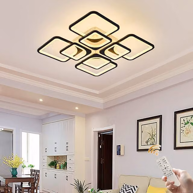 Garwarm Modern Square LED Ceiling Light, Dimmable Chandelier in Black