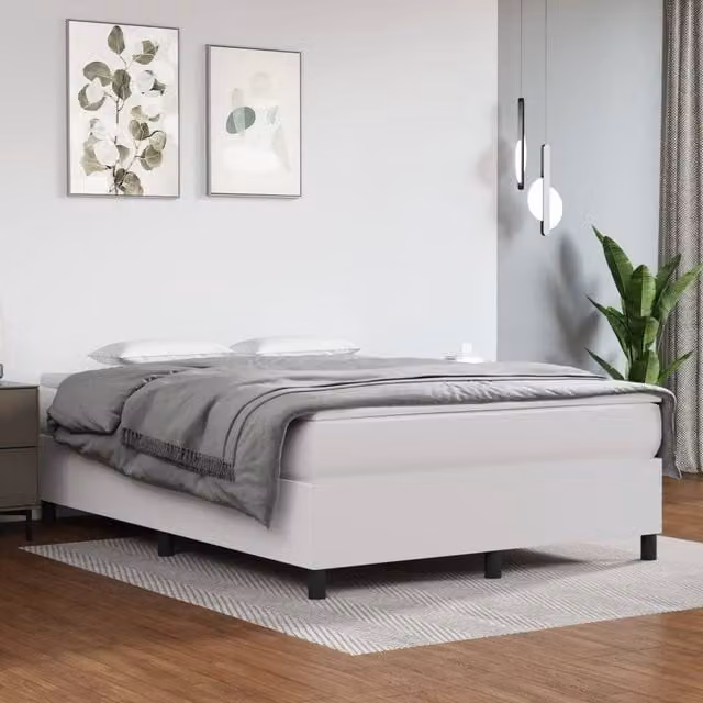Berkfield Home Upholstered Box Spring Bed Frame in White Faux Leather, W: 135 cm x D: 190 cm – 1