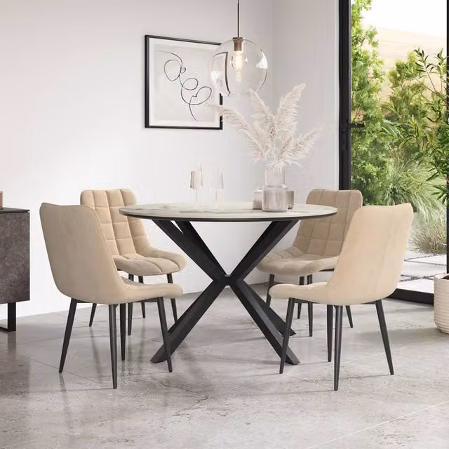 More4Homes Calne Calcutta Gold Ceramic Round Dining Table and 6 Nova Velvet Chairs in Beige – 1