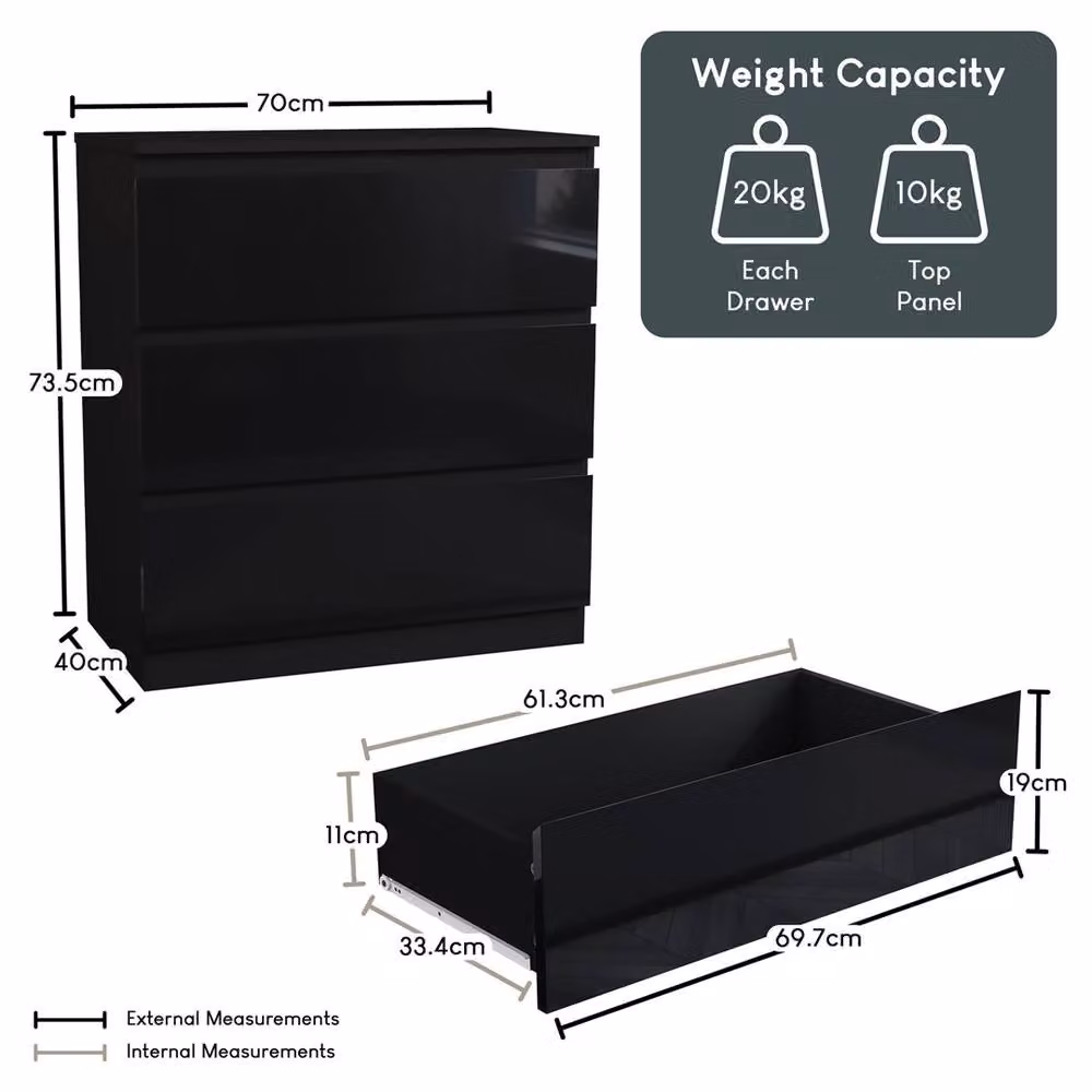 FORGEVIO Modern Black Wooden 3 Drawer Chest of Drawers – 2