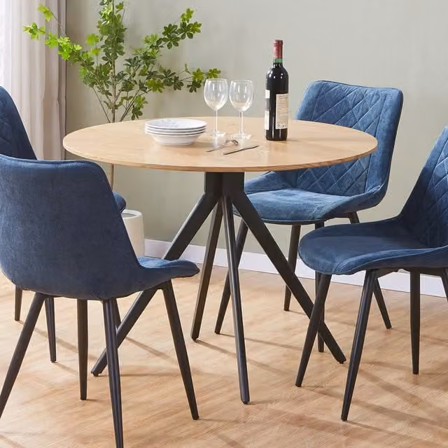 Aspen Round Dining Table in Light Oak Effect with Black Metal Centre Pedestal Leg, Diameter: 100 cm
